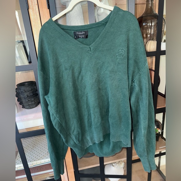 Vintage Christian Dior Monsieur sweater embroidered crest ribbed forest green